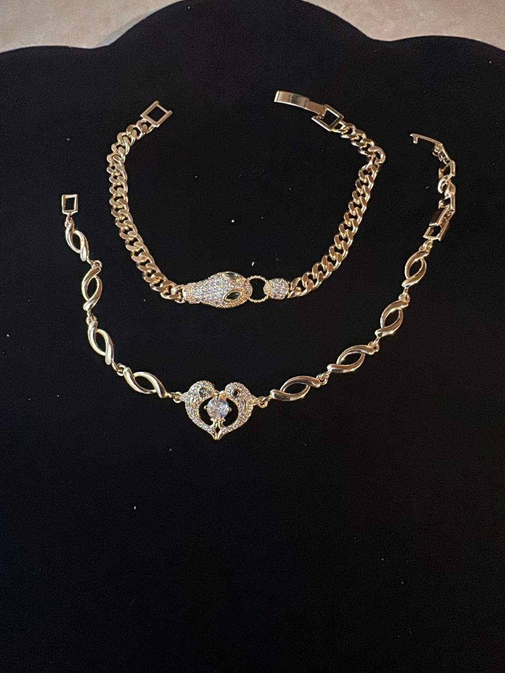 2 piece Gold-filled Crystal Heart & Snake Chain Bracelet Set - Picture 7 of 8